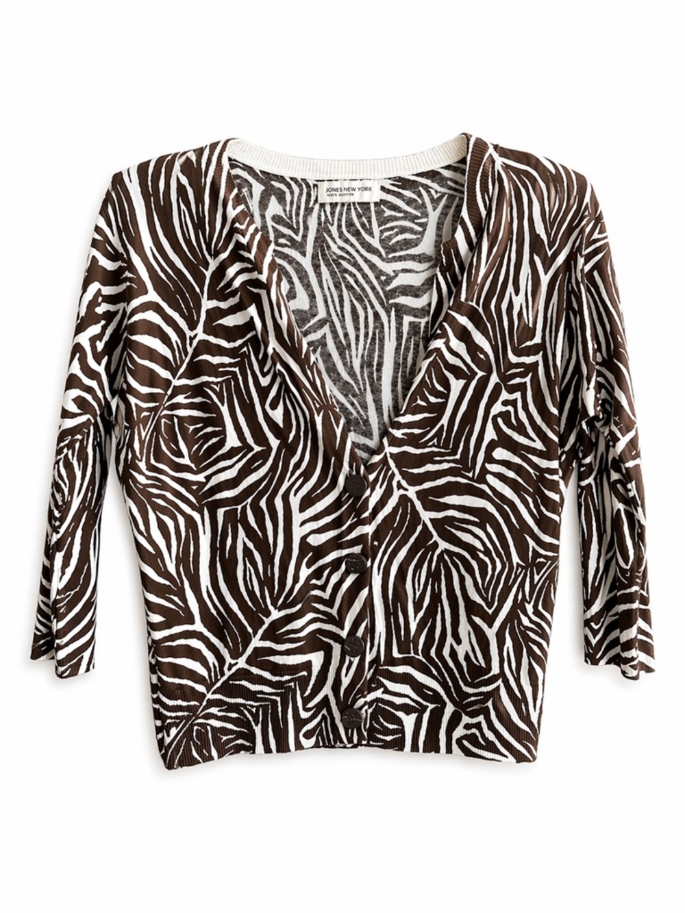 Jones New York Women Cardigan Zebra Pattern in Brown White Sport Petite
